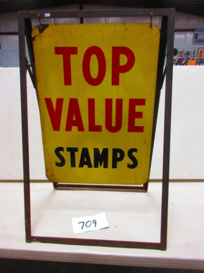 TOP VALUE STAMPS CURB SIGN D.S.T. WITH STAND 20''X28''MARKED A.M. 59