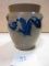 RARE 4 GAL. BLUE DECORATED CROCK DBL. HANDLE SOME CHIPS ALONG BOTTOM