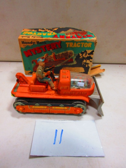 HANDY HANK BAT. OPERATED MYSTERY TRACTOR BULL DOZER  IN ORG. BOX  TOY VERY NICE BOX IS ROUGH