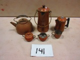 LOT OF 6 PIECES BRASS ITEMS COFFEE POT, TEA KETTLE, SUGAR , CREAMER ETC. NICE LOT