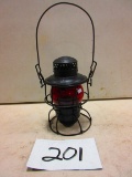 RAILROAD LANTERN WITH SHORT RED ERIE MARKED GLOBE