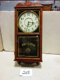 WATERBURY REGULATOR WALL CLOCK WITH KEY NICE OAK CASE NEEDS WORK