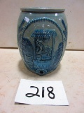 BLUE DECORATED POTTERY CROCK WATER JUG WITH LID CHIP ON LID WOW GREAT BLUE COLOR