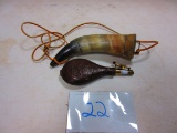 NICE POWDER HORN & LEATHER POWDER FLASK NICE 2 PCS. LOT