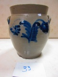 RARE 4 GAL. BLUE DECORATED CROCK DBL. HANDLE SOME CHIPS ALONG BOTTOM