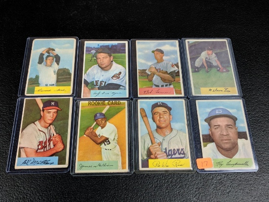 54 Bowman baseball cards: 8 with Campanella, PeeWee Reese, Whitey Ford, plus others. Fair to VG