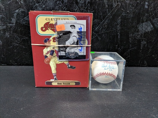 Bob Feller group: MLB ball GPS cert aqua ink sweet spot, signed card "Rapid Robert", bobble