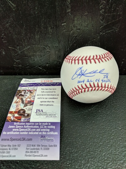 Corey Kluber MLB ball blue ink sweet spot with Cy Young inscription, JSA cert