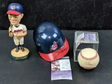 Jim Thome group: MLB ball blue ink sweet spot JSA, mini helmet JSA, plus bobble