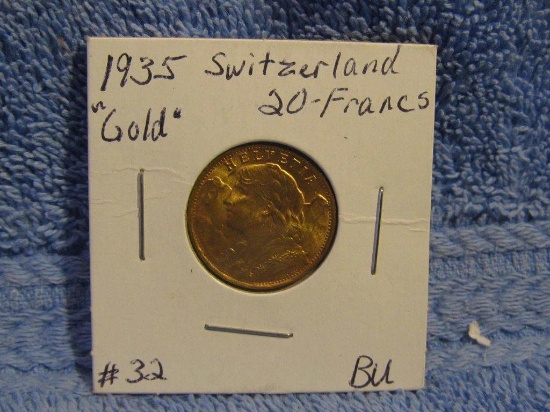 1935 SWITZERLAND GOLD 20-FRANCS BU