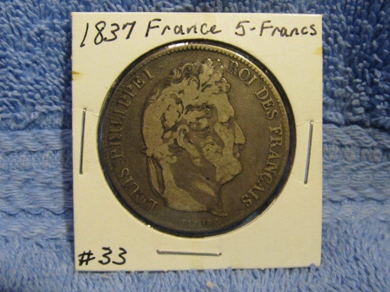 1837 FRANCE 5-FRANCS SILVER CROWN F