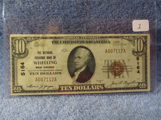 1929 $10. NATIONAL CURRENCY NOTE WHEELING, WV. UNC