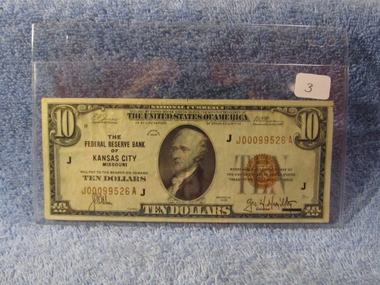 1929 $10. NATIONAL CURRENCY NOTE KANSAS CITY, MO. AU+