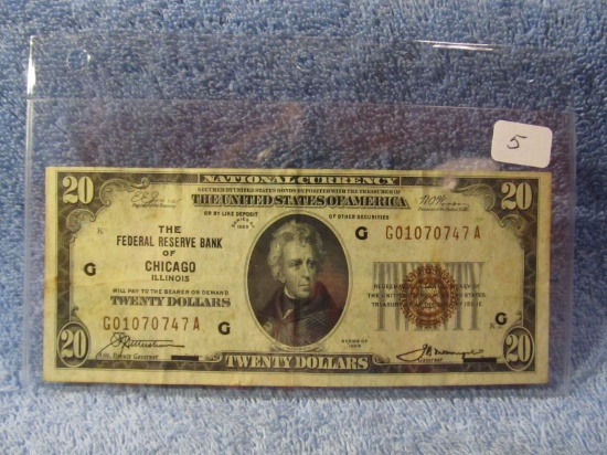 1929 $20. NATIONAL CURRENCY NOTE CHICAGO, ILL. AU
