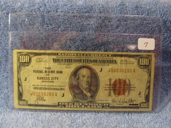 1929 $100. NATIONAL CURRENCY NOTE KANSAS CITY, MO. VF