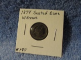 1874 W/ARROWS SEATED DIME (TONING) AU