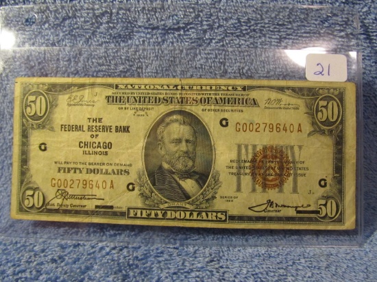 1929 $50. NATIONAL CURRENCY NOTE CHICAGO, ILL. XF