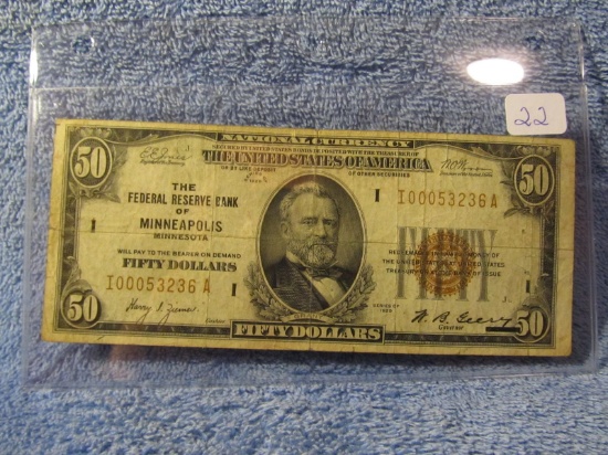 1929 $50. NATIONAL CURRENCY NOTE MINNEAPOLIS, MN VF