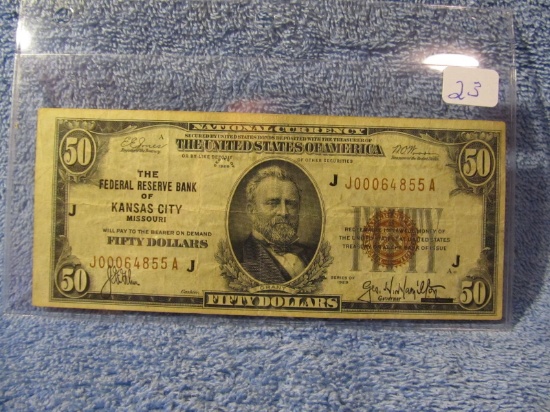 1929 $50. NATIONAL CURRENCY NOTE KANSAS CITY, MO. XF