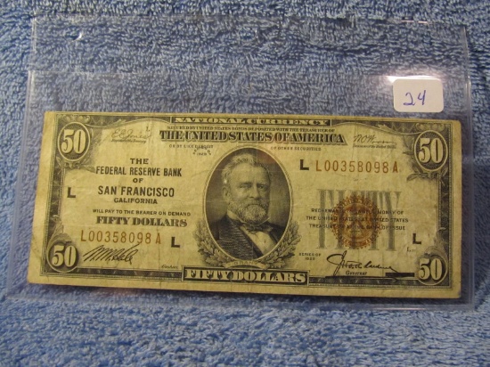1929 $50. NATIONAL CURRENCY NOTE SAN FRANCISCO, CA. XF