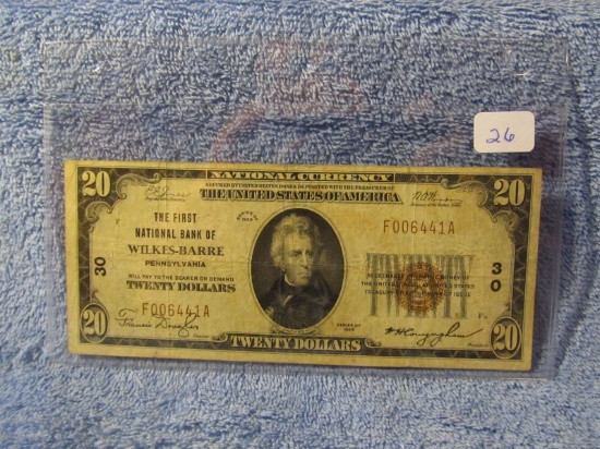 1929 $20. NATIONAL CURRENCY NOTE WILKES BARRE, PA. VF