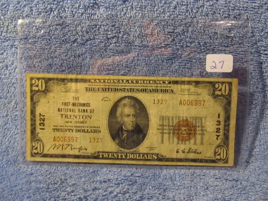 1929 $20. NATIONAL CURRENCY NOTE TRENTON, NJ. VF