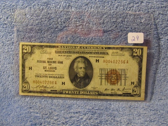 1929 $20. NATIONAL CURRENCY NOTE ST. LOUIS, MO. VF