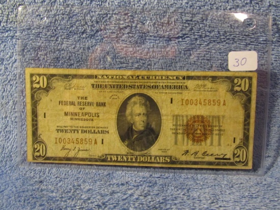 1929 $20. NATIONAL CURRENCY NOTE MINNEAPOLIS, MN. F