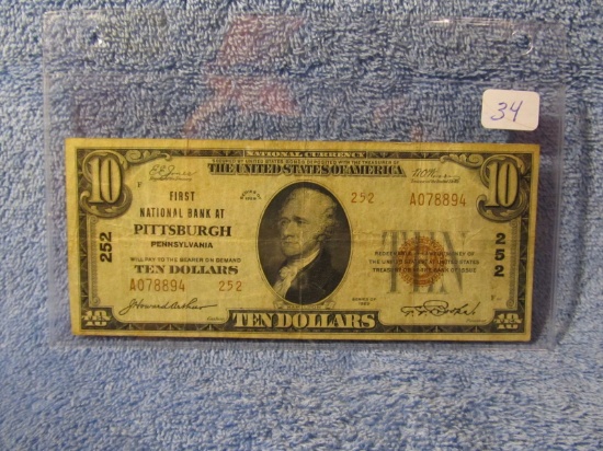 1929 $10. NATIONAL CURRENCY NOTE PITTSBURGH, PA. VF