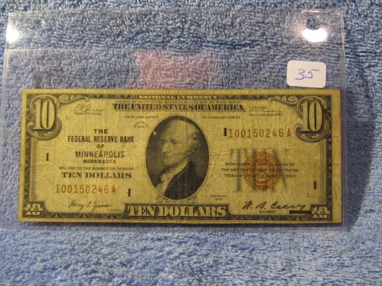 1929 $10. NATIONAL CURRENCY NOTE MINNEAPOLIS, MN. F