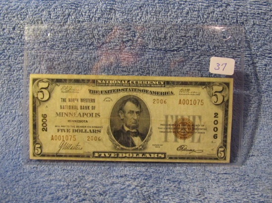 1929 $5. NATIONAL CURRENCY NOTE MINNEAPOLIS, MN. VF