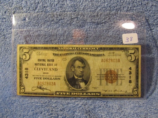 1929 $5. NATIONAL CURRENCY NOTE CLEVELAND, OH. VF