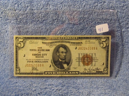 1929 $5. NATIONAL CURRENCY NOTE KANSAS CITY, MO. AU