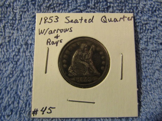 1853 W/ARROWS & RAYS SEATED QUARTER XF