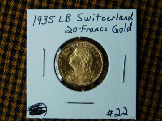 1935 LB SWITZERLAND 20-FRANCS GOLD PIECE BU