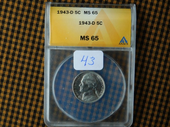 1943D JEFFERSON WAR NICKEL ANACS MS65