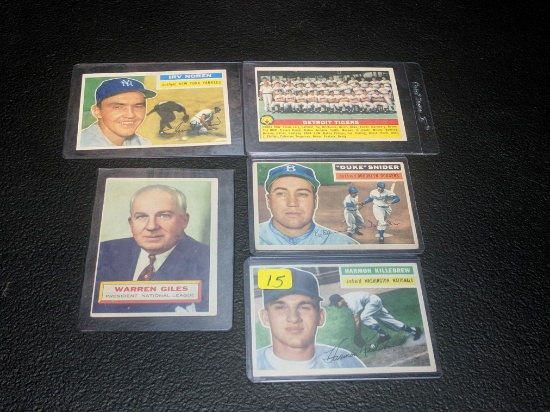 1956 Topps baseball, Duke Snider (Good), Harmon Killebrew (VG), Warren Giles (good), Tigers team car