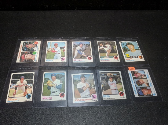 1973 Topps baseball lot: Schmidt rookie, Ryan/Carlton card #67, Yaz, Seaver, Fisk, Palmer, Sutton, P