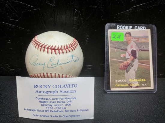 Rocky Colavito 1957 Topps baseball rookie AND a signed Colavito baseball (slight yellowing) with cer