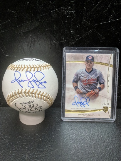 Omar Vizquel signed Gold Glove baseball, blue ink sweet spot, in a holder And a factory signed Omar