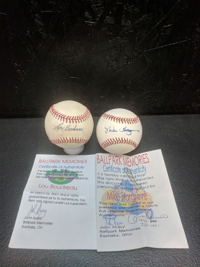 2 great Indian Managers: Lou Boudreau, blue ink sweet spot MBL ball with 2 certs in a holder AND Mak