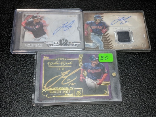 Lindor signed card group: Topps signed  relic card '15 Bowman And  museum collection 2017 Archival A