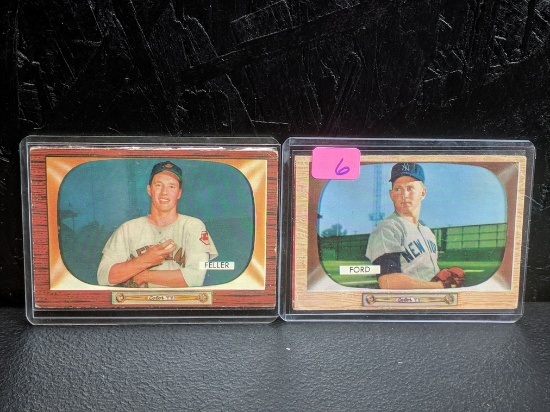 1955 Bowman baseball lot: Whitey Ford, Bob Feller, both are VG and VG+, cards book