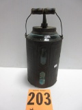 DANDY 1 GAL. GLASS FUEL CAN WITH TIN JACKET RARE BLUE JAR SOME RUST ON BOTTOM EDGE