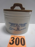 PRODUCERS CREAMERY BENTON HARBOR,MICH. BLUE DECORATED CROCK W/WOODEN LID