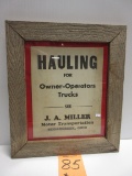 J.A.MILLER TRANSPORTATION SUGARCREEK,OHIO PAPER ADV. IN NEWER WOODEN FRAME