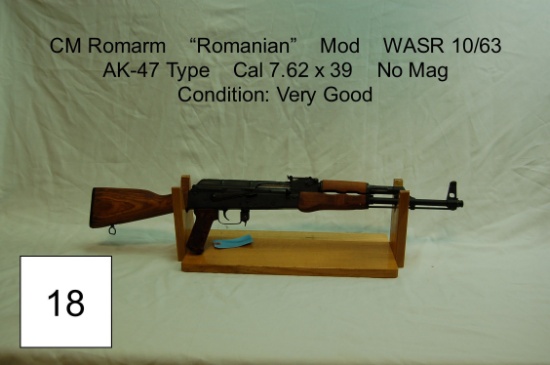 CM Romarm    “Romanian”    Mod WASR 10/63    AK-47 Type Cal 7.62 x 39  Condition: Very Good
