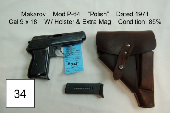 Makarov    Mod P-64    “Polish”    Dated 1917    Cal 9 x 18    W/ Holster    Condition: 85%