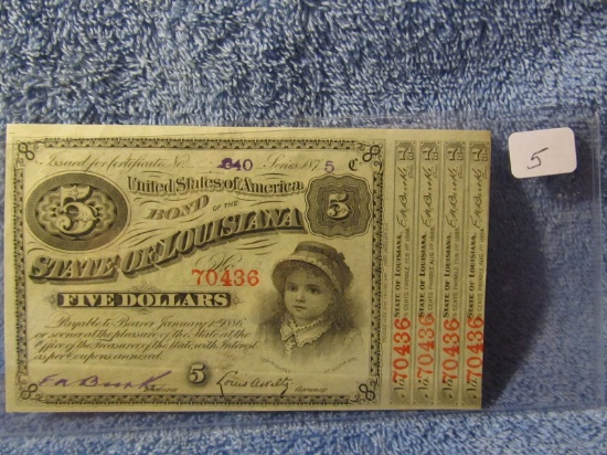 1875 $5. STATE OF LOUISIANA BABY BOND CERTIFICATE CU