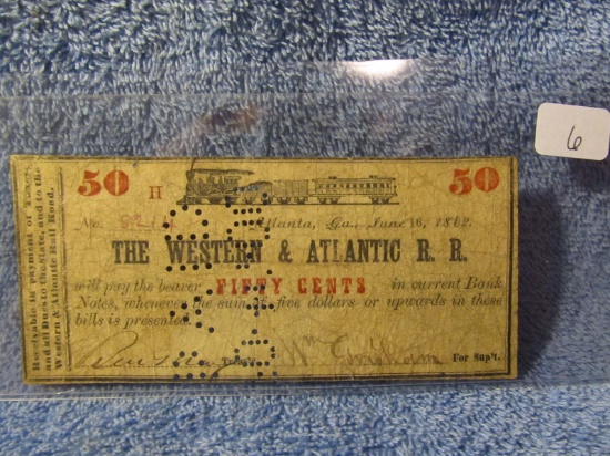 1862 THE WESTERN & ATLANTIC RAILROAD 50-CENT NOTE VF